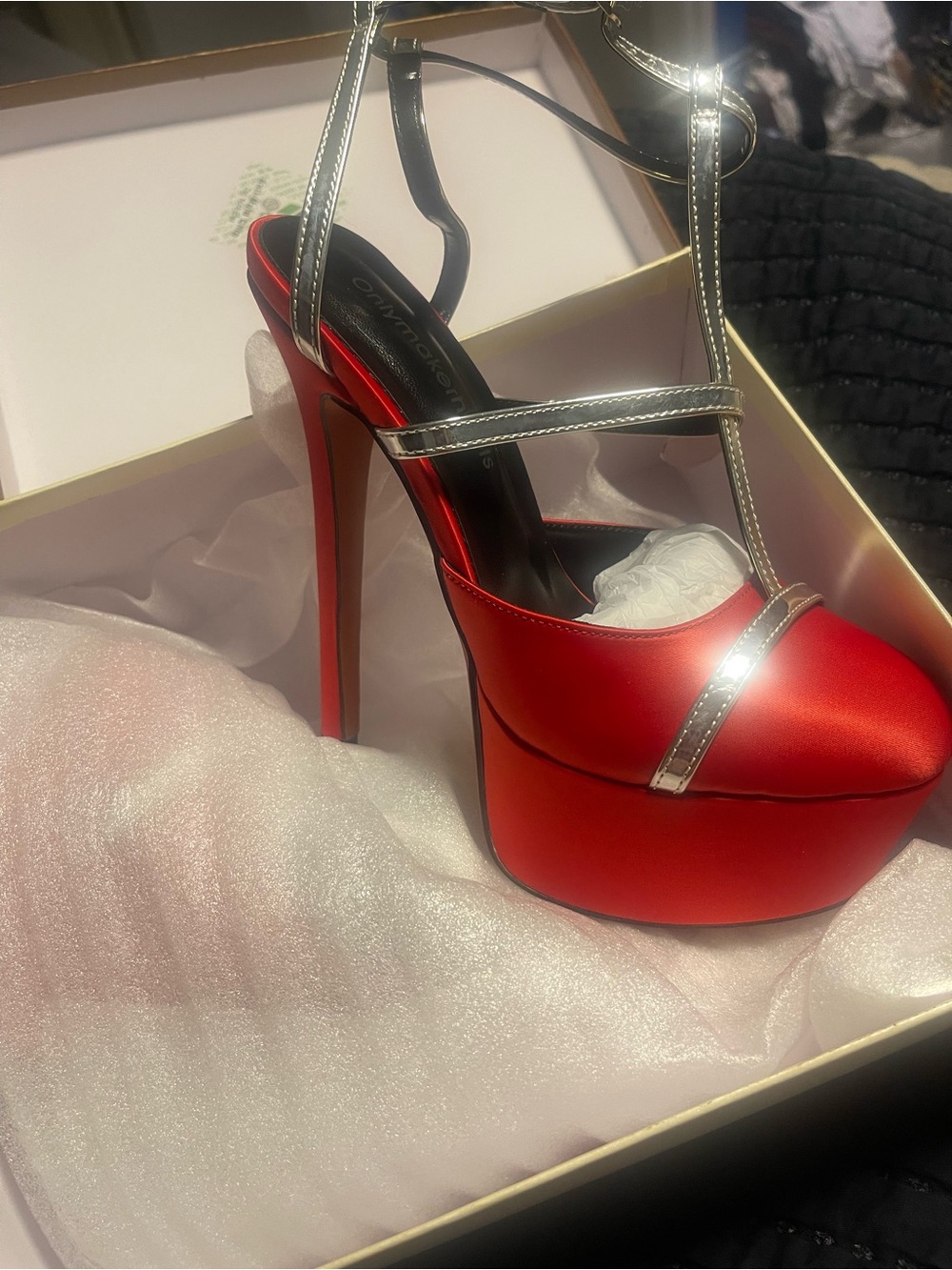 Red Satin Platform Stiletto Sandal with Silver Straps